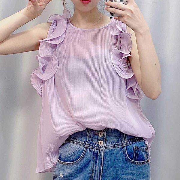 

women chiffon blouse summer fashion o-neck ruffle shirt modern lady pullover 210602, White