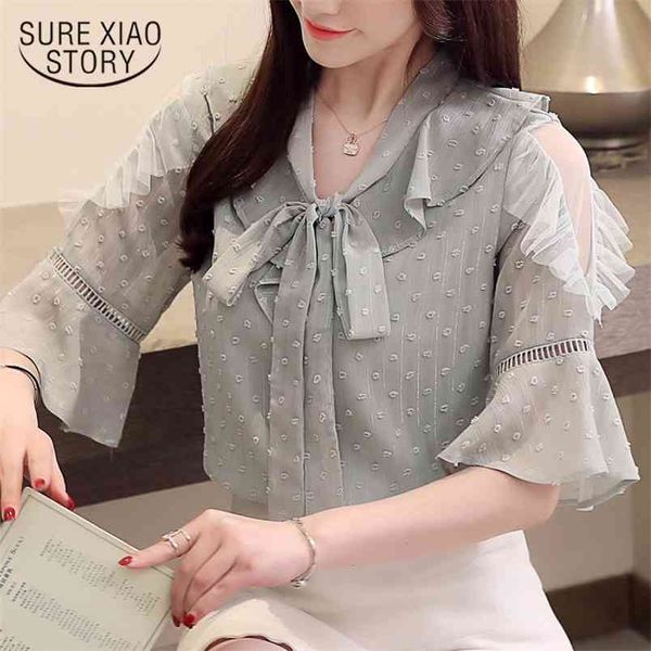 

women's summer blouse bow collar chiffon women shirts flare sleeve plus size womens and blosues 3414 50 210506, White