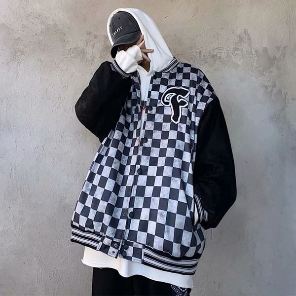 

high street checkerboard baseball jacket men's 2021 fall ins hip hop street loose fashion brand jacket, Black