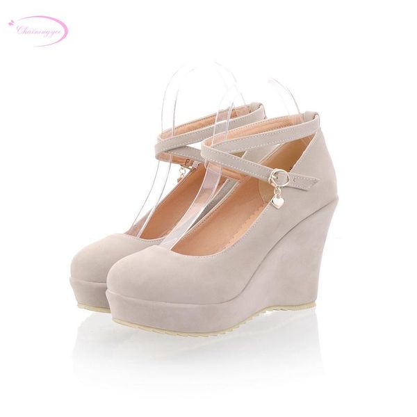 

chainingyee sweet casual comfortable round toe pumps fashion cross-tie belt buckle platform high-heeled wedge women's shoes dress, Black
