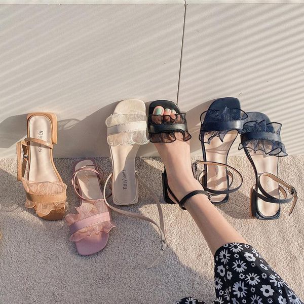 

sandals low woman leather shoes lady 2021 buckle strap suit female beige summer heels all-match low-heeled comfort outside b, Black