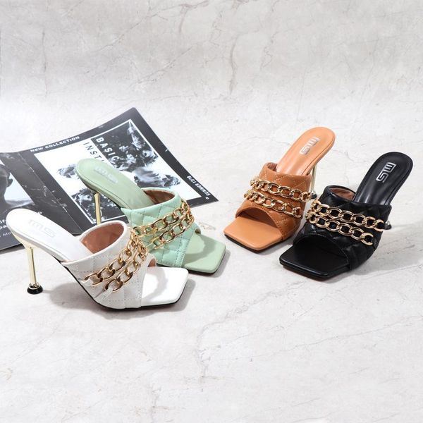 

slippers 2021 summer women gold chain sandals ladies thin high heel square toe outside slide female elegant shoes, Black