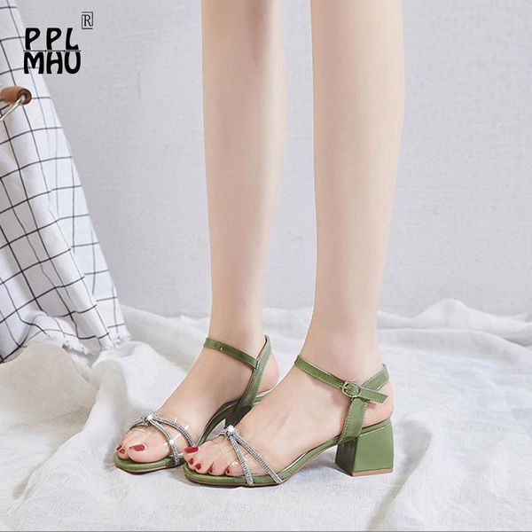 

sandals green rhinestone transparent buckle strap women sandles summer shallow hollow out square heel ladies shoes heels, Black