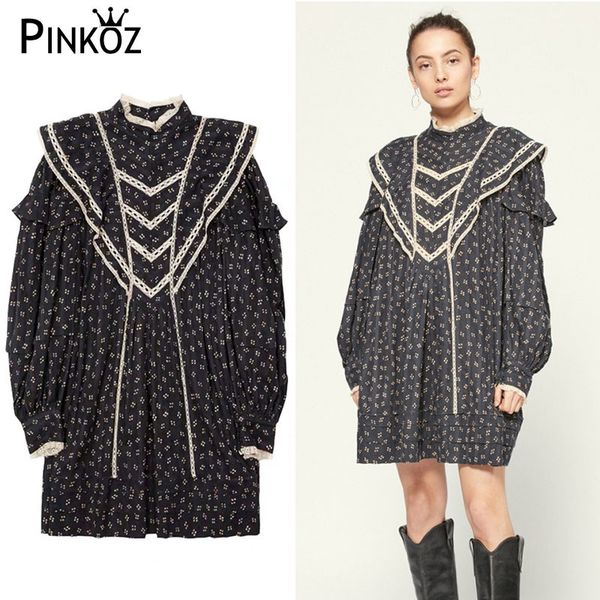 

vintage stand collar loose patchwork lace long sleeve runway celebrity designer mini dresses for women party night chic 210421, Black;gray