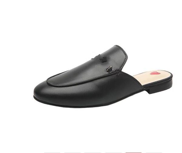 

baotou semi-trailer women's sandals wear 2021 online celebrity heel-flat leather embroidered muller shoes fashion slippers, Black