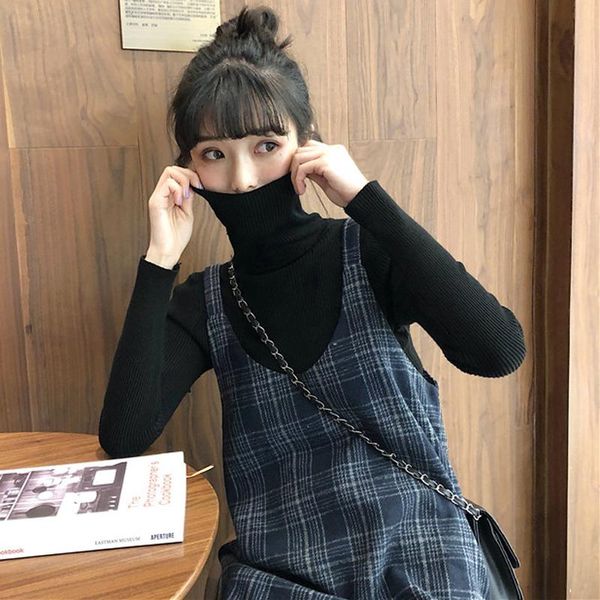 

women's spring wear korean fashion clothing turtleneck bottoming sweater + vintage woolen plaid dress two-piece suit two piece pants, White