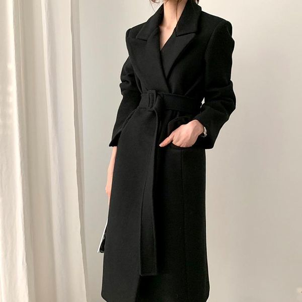 

women's wool & blends genayooa winter coat woman blend trench with belt warm women long sleeve female korean style, Black