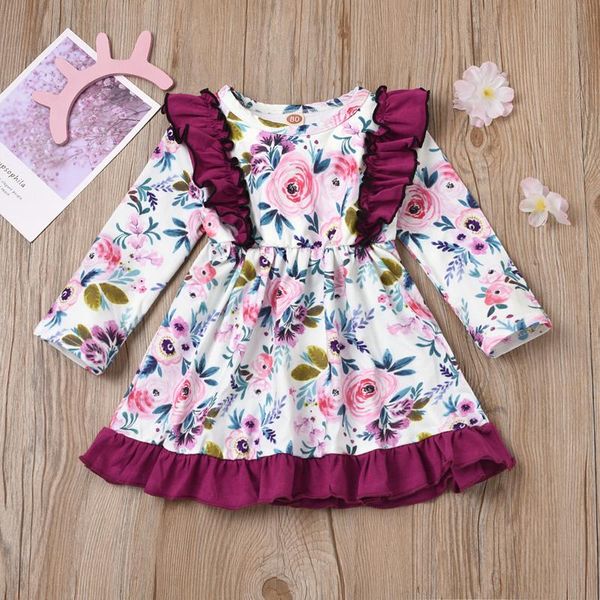 

40# toddler baby kids girls dresses summer ruched ruffles children's long-sleeved frill floral flower dress princess girl's, Red;yellow