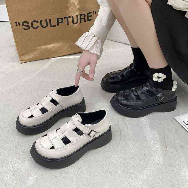 

sandals new women's shoes fashion thick bottom hollow woven single round toe retro loafers casual sports 220310, Black