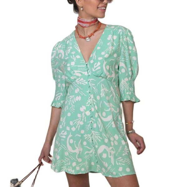 

party dresses summer elegant a line dress v neck floral print mini flare short sleeve button vestido de mulher, White;black