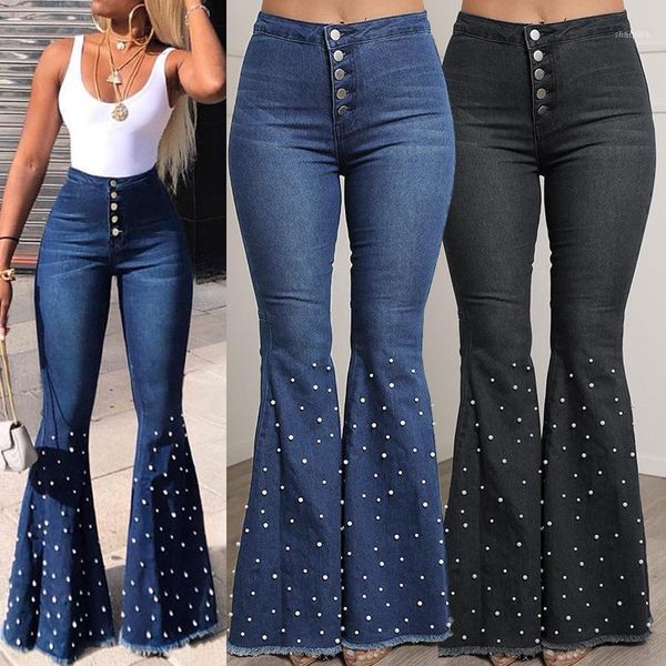 

stretchy women's flared jeans mid-waist womens tassels buttons casual wide-leg1, Blue