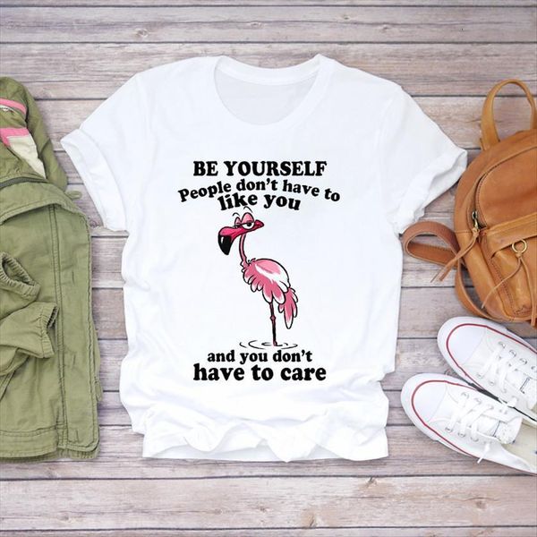 

printing cartoon funny flamingo animal women t shirts style 90s print womens graphic shirt female tee, White