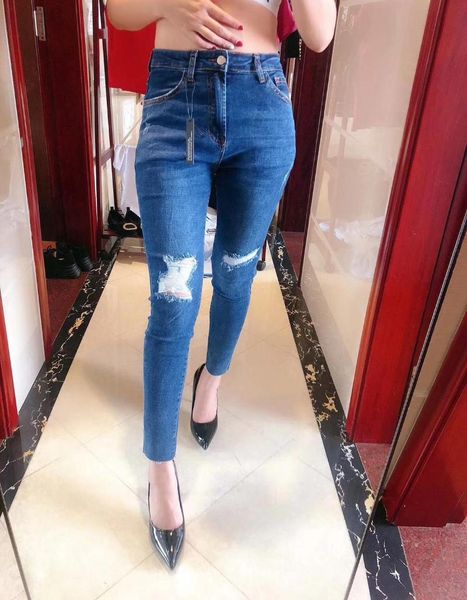 

women's jeans high waist elasticity tight hole pants, Blue
