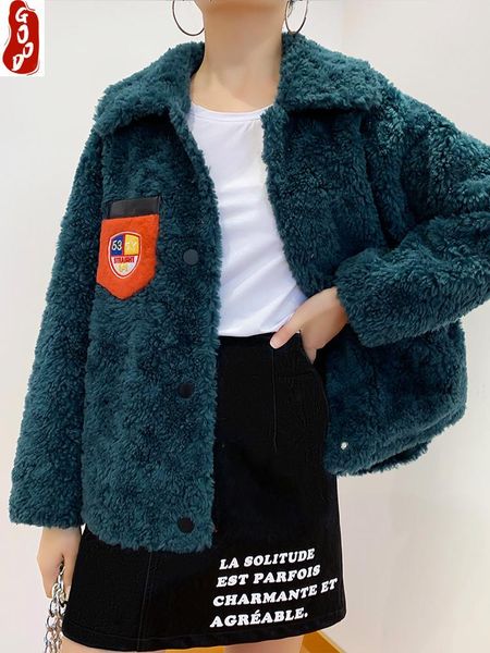 

women's fur & faux real coat female winter clothes 2021 korean vintage short sheep shearing jacket women 100% wool hiver 19295, Black