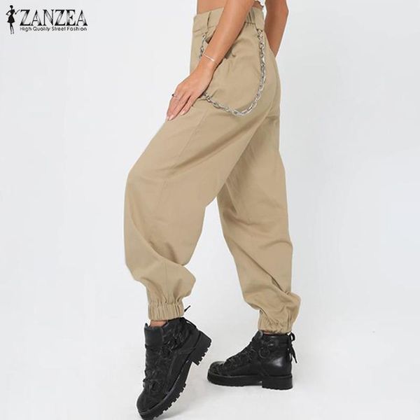 

women's pants & capris women overalls solid zanzea ladies high waist long trousers female casual elastic bottoms loose pockets pantalon, Black;white
