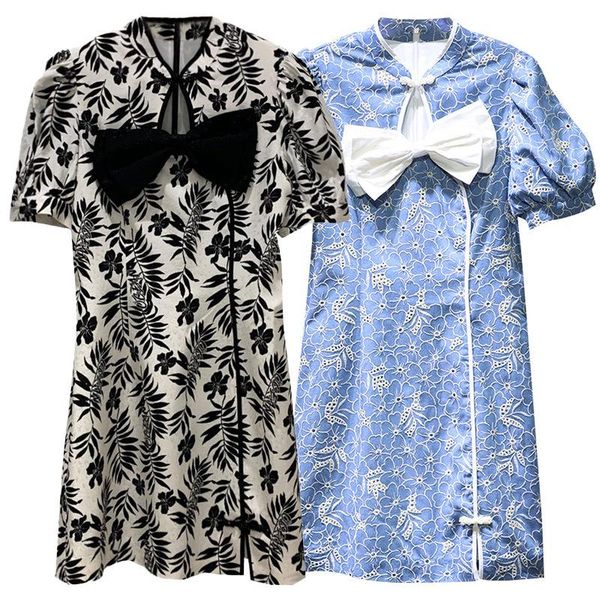 

ethnic clothing floral printed mini qipao summer bow patchwork cheongsams short sleeve hollow out chinese dresses slit celebrity gown, Red