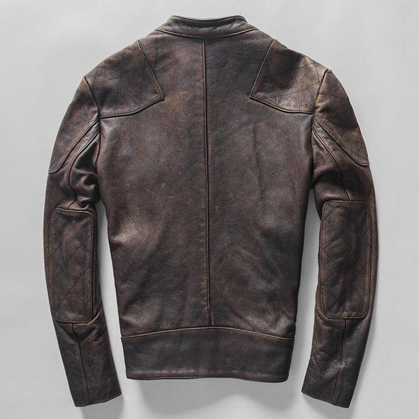 

same style beckham men's genuine leather jacket washed vintage cowhide coat motorcycle clothing stand collar zipper winter & faux, Black