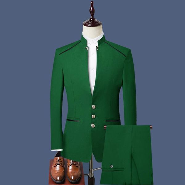 Abiti da uomo Blazer Moda Uomo verde Abito stile cinese Colletto alla coreana Uomo Matrimonio Sposo Slim Fit Blazer Set Tuxedo (giacca + pantaloni)