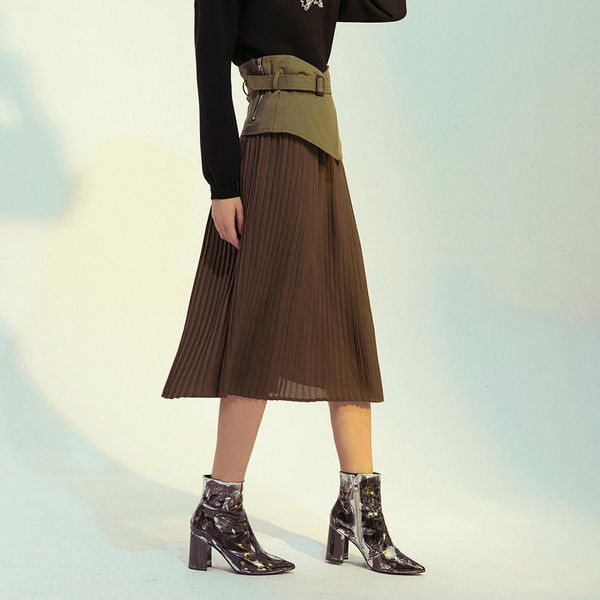 

skirts female drape belt autumn and winter, color-coded seam, fold half skirt, skirt plissada fine to line, Black