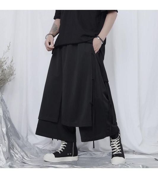

men's pants loose straight fashion wide leg japanese dark casual two-piece octuple, Black