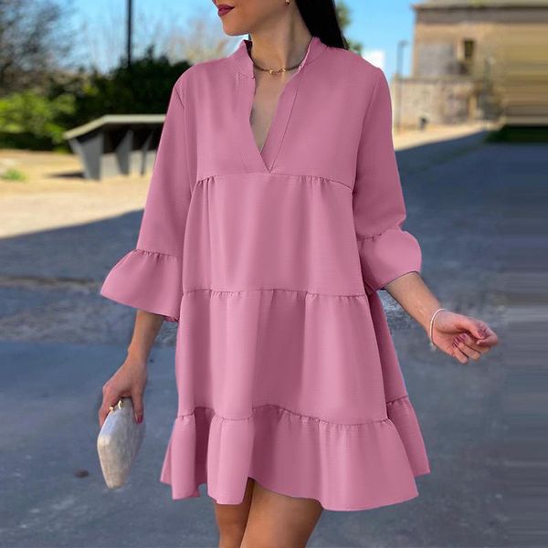 

casual dresses women dress vonda autumn loose ruffled mini 3/4 sleeve holiday plain robe v neck bohemian party vestidos, Black;gray