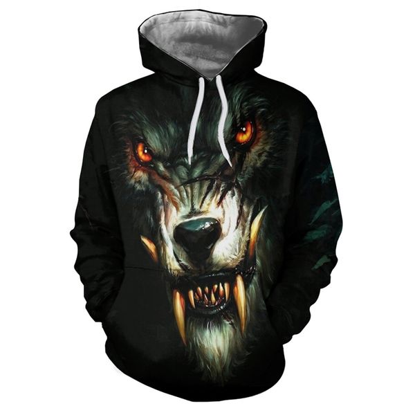 

blood wolf digital printing loose hooded sweater, Black