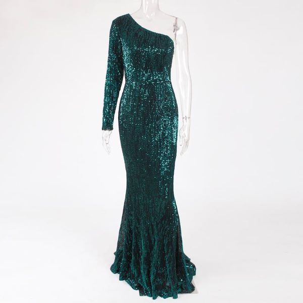 

casual dresses one shoulder green sequined evening party dress sleeve floor length silver maxi strapless stretchy, Black;gray