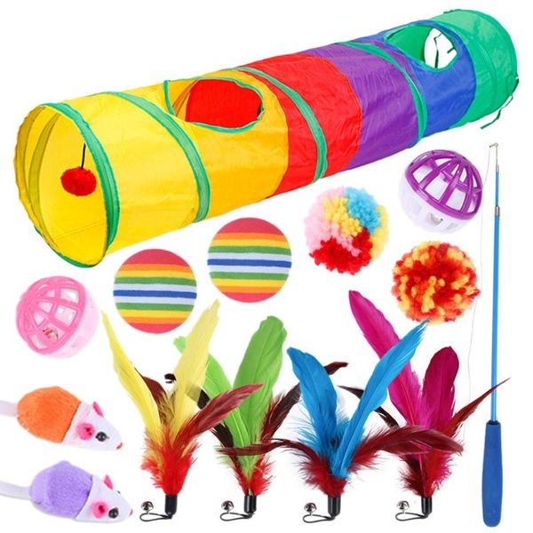 

cat toys 14pcs tunnel set interactive teaser wand bell ball mice for kitten