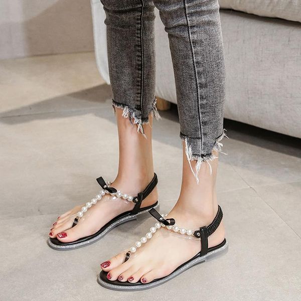 

summer woman fashion sandals pearl decoration beach party flat shoes, Black