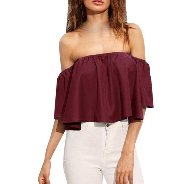

women's t-shirt women semi flare sleeve off shoulder ruffle crop cropped -mx8, White