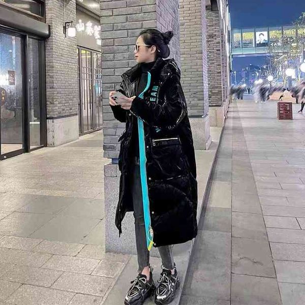 

women's parkas down ladies jacket 2021 fashion bright face wash long winter knee thickened white duck, Black