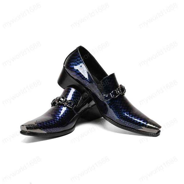 

dark large size blue men's snakeskin pattern patent leather shoes metal pointed toe party dress man, Black