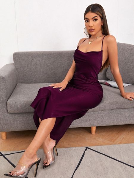 

crisscross back high split dress f2p0#, Black;gray
