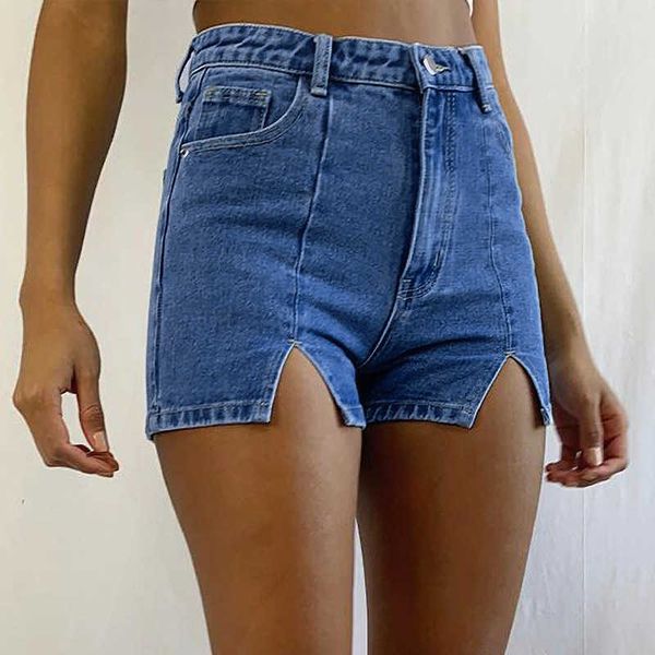

jeans 2021 summer fashion temperament high waist slit elastic denim shorts, Blue