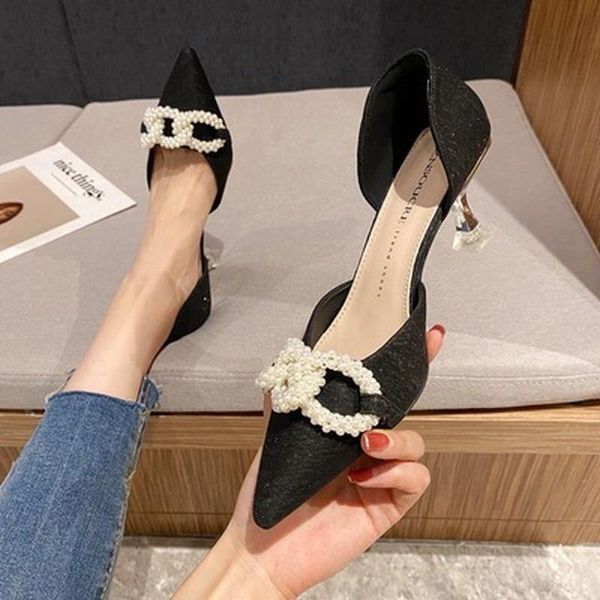 

dress shoes pearl black ol heels women 2021 fashion elegant party high korean for