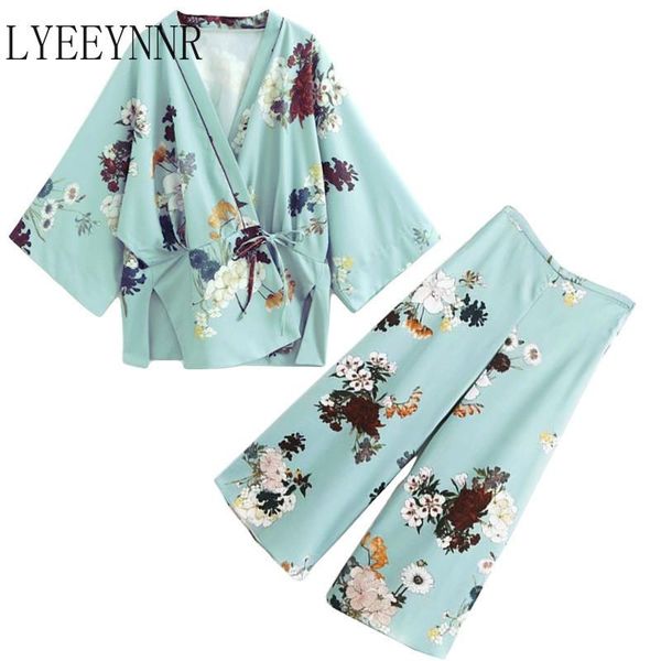 

women's two piece pants lyeeynnr floral print women 2 sets v-neck long sleeve drawstring blouses+high waist wide leg full fashion suits, White