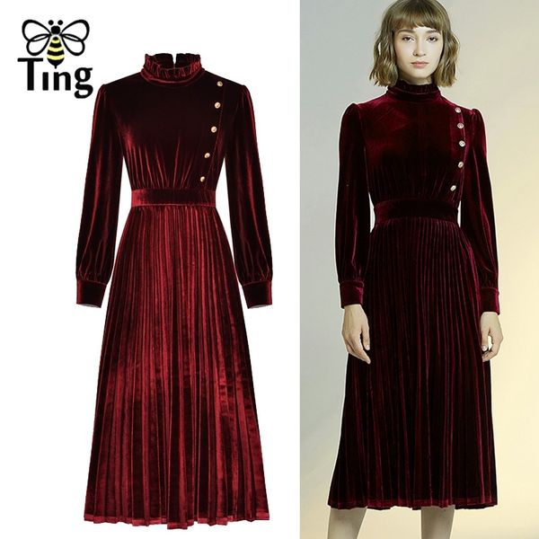 

runway chic velvet dress vintage elegant button decor midi pleated party dinner retro vestidos haut ruched 210513, Black;gray