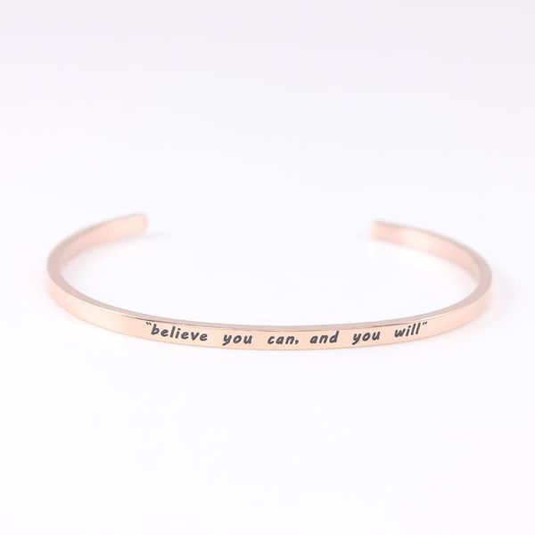 

bangle believe you can and will rose stainless steel engraved positive inspirational quote hand imprint cuff mantra bracelet, Black