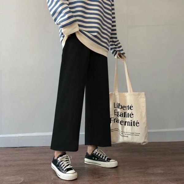

women's pants & capris cusual women summer ankle-length loose wide leg elastic high waist oversize black simple comfortable elegant lad, Black;white