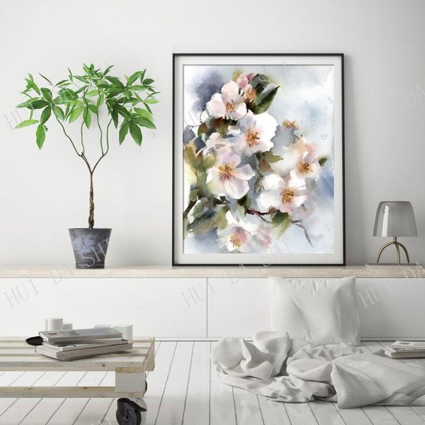 

paintings almond blossoms art print, blooming tree floral watercolor painting, flowers botanical wall giclÃ©e fine print