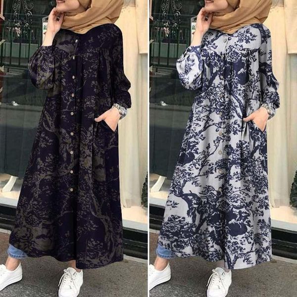 

casual dresses plus size women's autumn sundress 2022 vintage printed shirt dress muslim turkish vestidos female button robe femme 5x, Black;gray
