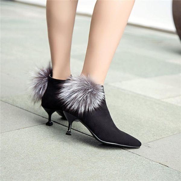 

boots ymechic ladies thin high heel stiletto shoes fur ball design winter plus size ankle for women pointed toe bootie1 lmmv, Black