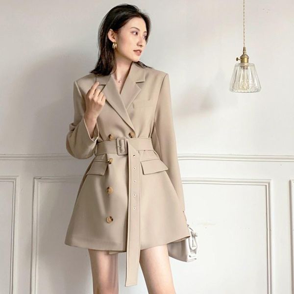 

women's suits & blazers suit women jacket double breasted office lady elegant khaki blazer coat sashes turndown collar long sleeve autu, White;black