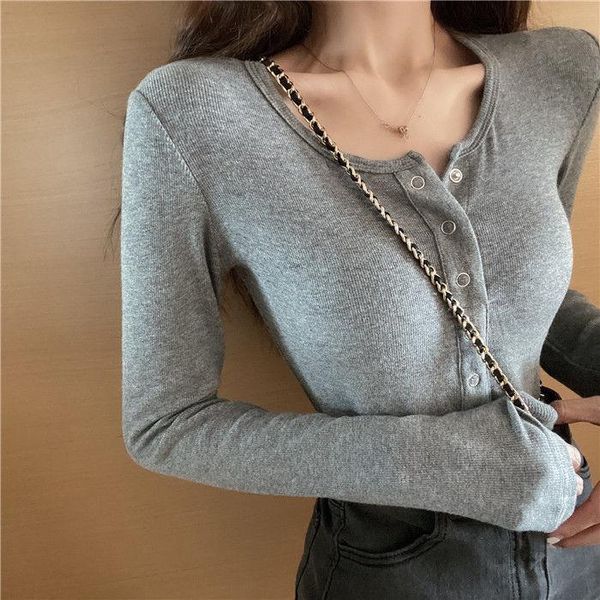 

gray, long sleeve t-shirt women's summer single-breasted short top, White