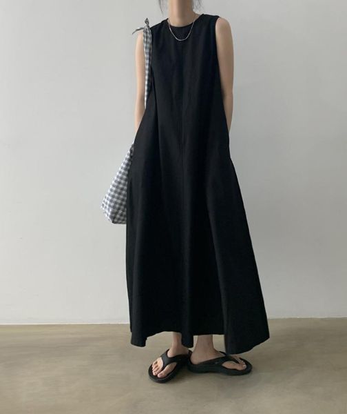

casual dresses korean chic summer minimalist round neck loose swing dress high slimming long sleeveless vest, Black;gray