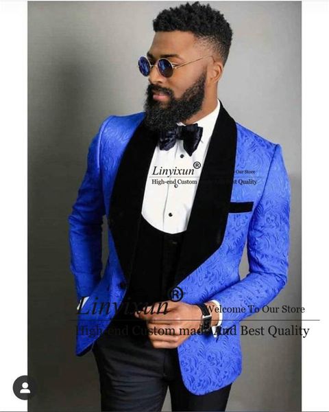 

men's suits & blazers royal blue jacquard men with black velvet lapel groom wedding tuxedos fashion male groomsmen blazer 3 pieces cost, White;black