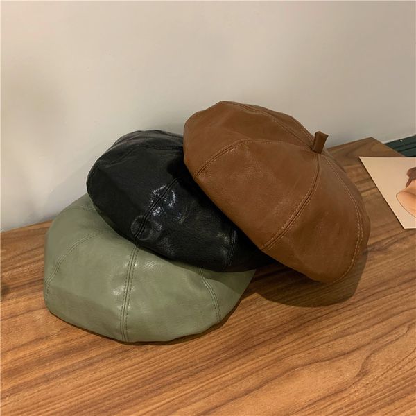 

net red same pu fur pumpkin hat beret female autumn winter octagonal artist british fashion, Blue;gray
