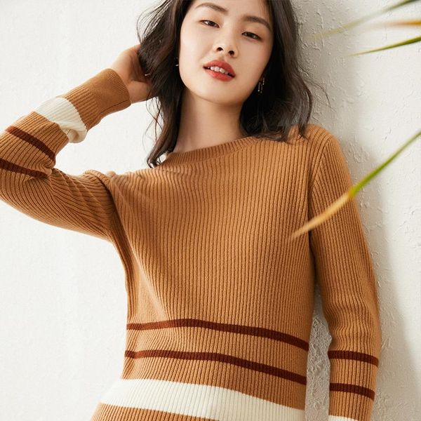 

women's sweaters autumn and winter style 100% pure wool round neck pullover long-sleeve slim fashion striped contrast knitted sweater, White;black