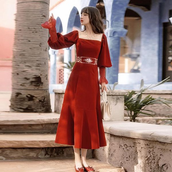 

casual dresses yamdi long sleeve a-line 2021 luxury embroidery maxi dress spring summer elegant vintage party women runway boho lace, Black;gray