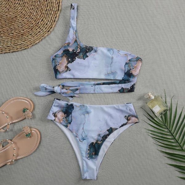 

yoga outfit women swimsuit print sport bandeau push up bikinis set marble high waist swimwear bathing suit beach wear